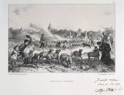 Fransk-prøyssisk krig 1870-1871: Å drive bort en flokk sauer for å nekte dem å falle i hendene på prøysserne. Fra en serie litografier av Clement August Andrieux på Gardes Nationales. av Clément Auguste Andrieux