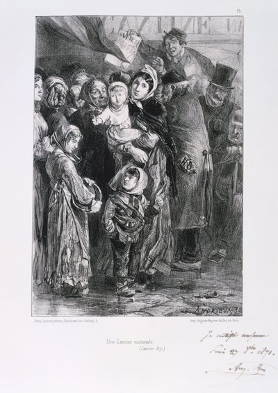 Fransk-prøyssisk krig 1870-1871. Beleiring av Paris 19. september 1870-28. januar 1871. Et nasjonalt suppekjøkken i Paris, januar 1871. Fra en serie litografier av Clement August Andrieux på Gardes Nationales. Matmangel Sult av Clément Auguste Andrieux