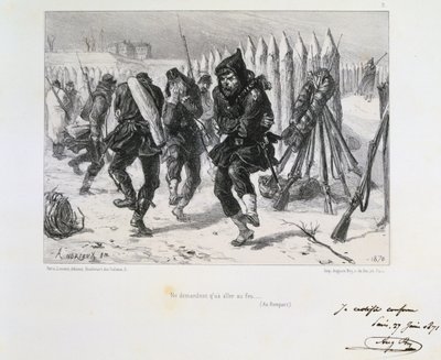 Fransk-prøyssisk krig 1870-1871. Beleiring av Paris 19. september 1870-28. januar 1871. Soldater på vollene hopper på vei for å holde varmen. Fra en serie litografier av Clement August Andrieux på Gardes Nationales. av Clément Auguste Andrieux