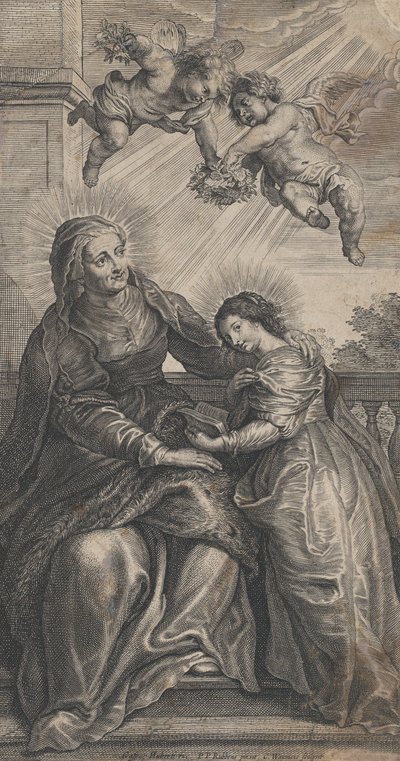 Jomfruens utdannelse, med Saint Anne og Jomfru Maria som leser med to p..., ca. 1700-24. av Coenrad Waumans