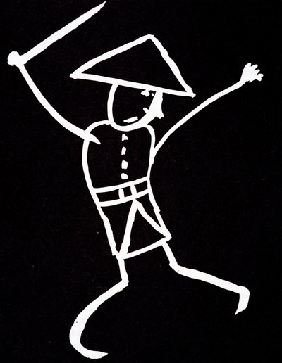 Karakter med hatt, uniform og svingt. Anime-tegning av Emile Cohl (1857-1938) i hvitt på svart. av Cohl