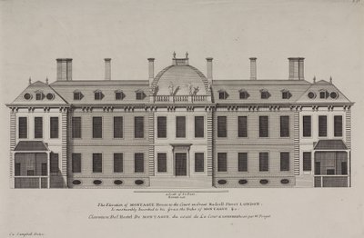 Forhøyning av Montague House til domstolen i Great Russell Street, Holborn, ca. 1725 (gravering) av Colen Campbell