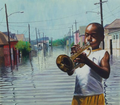 Boy With Horn, 2010 (olje om bord) av Colin Bootman