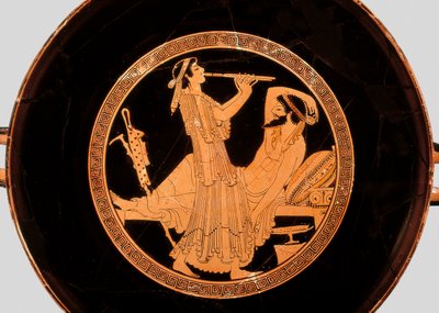 Bankett og dobbel fløytespiller, detalj fra kylix eller Attic rødfigurkopp, ca. 490 f.Kr. (terrakotta) av Colmar Painter