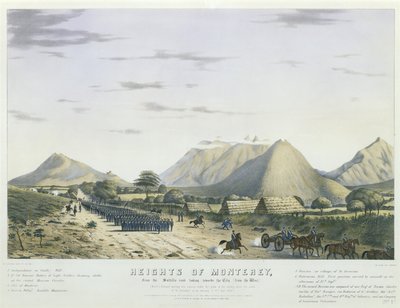 Heights of Monterey, fra Saltillo-veien som ser mot byen, [fra vest,] [Worths divisjon beveger seg i posisjon under fiendens våpen, etter aksjonen til "St. Jeronimo," om morgenen den 21. sept. 1846]... [No. 2]. av Colonel Daniel (after) Whiting Powers