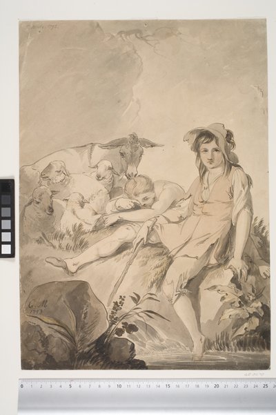 Pastoral scene med to barn og dyr av Conrad Martin Metz