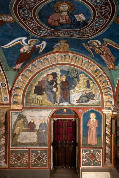 Ulike episoder av livet til Saint Benoit: i sentrum "The miracle of Saint Placide"" Saint Benoit of Nursie, takket være intervensjonen fra Saint Maur, hans første disippel, redder den unge Placide fanget i strømmen av en innsjø. Nedenfor er miraklet av Consolo