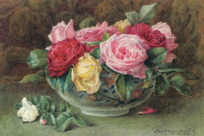 Stilleben med en skål med rosa, gule og røde roser, 1883 av Constance Lawson