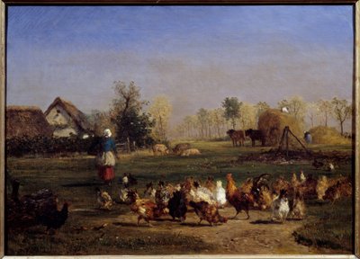 La provende des hens La basse cour (Basse-cour). Maleri av Constant Troyon (1810-1865) Søn fra 1800-tallet. 0,51x0,7 m - Prover av høner. Gårdsgården. Maleri av Constant Troyon (1810-1865) av Constant Emile Troyon