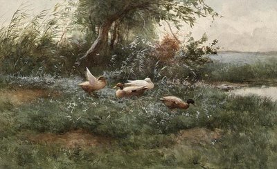 Ducks by a Pond (olje på lerret) av Constant Artz
