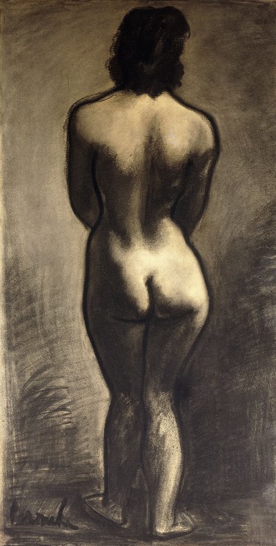 Stående naken; Nu Debout - Stand Naakt, ca. 1930 (svart kritt og svart vask på papir) av Constant Permeke