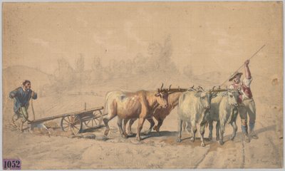 Fire okser som trekker en plog, 1853. av Constant Troyon