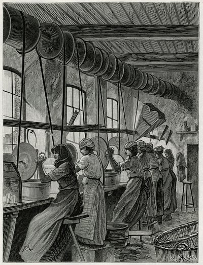 Et kvinneverksted ved glasstøyet til Val Saint Lambert. Gravering av C.Meunier for å illustrere historien "" La Belgique"", av Camille Lemonnier (1844-1913), forfatter og kunstkritiker. av Constantin Emile Meunier