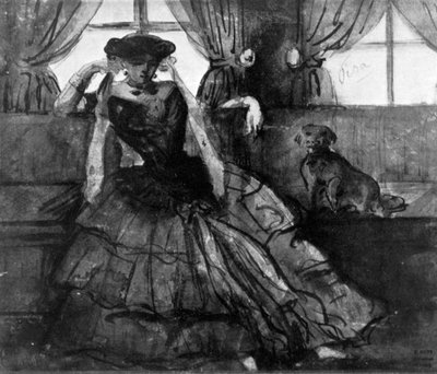 A Lady with her Dog, 1800-tallet, 1930. av Constantin Guys