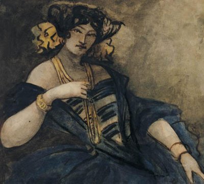 Sittende, elegant kledd kvinne, halvfigur av Constantin Guys