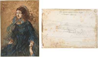 Kvinne i en blå kjole (recto); Krigsleirscene (verso) av Constantin Guys