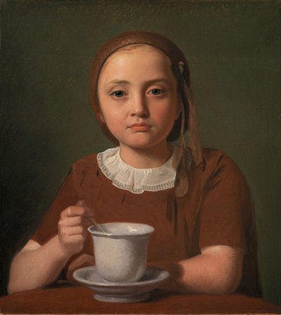 Lille pike, Elise Købke, med en kopp foran seg, 1850. av Constantin Hansen