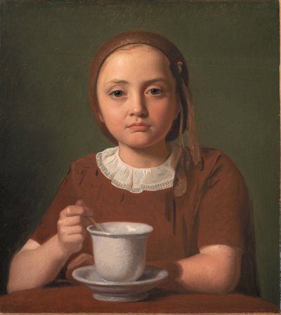 Portrett av en liten jente, Elise Købke, med en kopp foran seg av Constantin Hansen