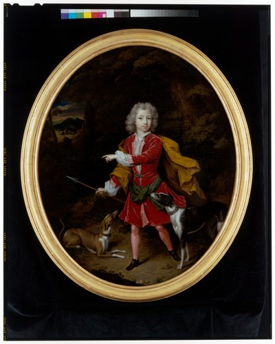 Et portrett av en ung mann med et par jakthunder i et skogslandskap av Constantin Netscher