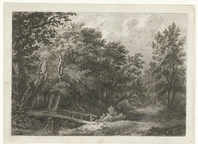 Skogutsikt med trebro av Constantinus Cornelis Huysmans