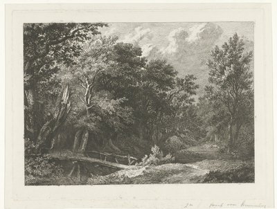 Skogutsikt med trebro av Constantinus Cornelis Huysmans