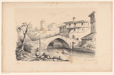 Bro over elv i fjellandsby The Landscape (serietittel) av Constantinus Cornelis Huysmans