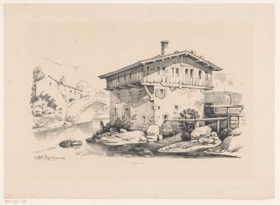 Hus og vannmølle i fjellandsby The Landscape (serietittel) av Constantinus Cornelis Huysmans