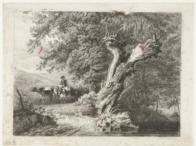 Landskap med bart tre og gjeter av Constantinus Cornelis Huysmans