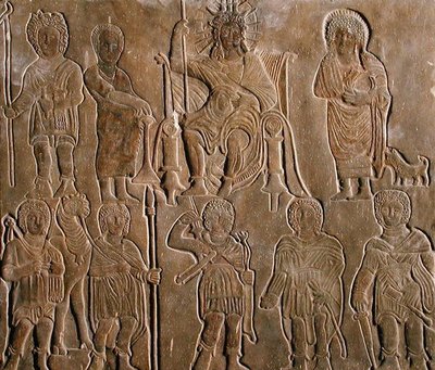 Relieff som viser en guddommelig romersk keiser som mottar hyllest fra egyptiske nomader av Coptic