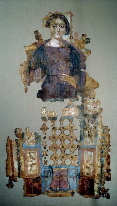 Koptisk kunst: fragment av malt lindekke som viser en ung kvinne kalt damen en kors ansee. Fra Antinoupolis. 4. århundre e.Kr. Paris, Louvre-museet av Coptic Coptic