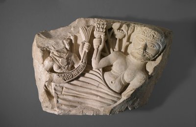 En del av en bue med nilguden og jordgudinnen, muligens fra Herakleapolis Magna, 500-600-tallet (kalkstein med spor av maling) av Coptic Coptic