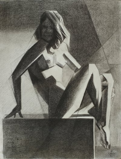 Sittende geometrisk nakenfigur av Corné Akkers