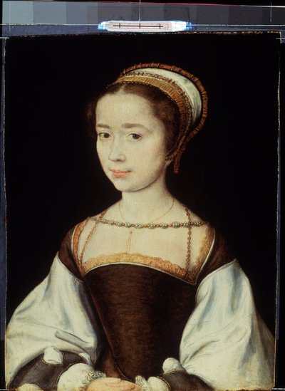 ""Portrett av en ung kvinne"" Maleri av Corneille De Lyon (Corneille of The Hague) (1500/1510-1574) 1530 Ca. Dim. 20x15,5 cm St. Petersburg, Eremitagemuseet av Corneille de la  Haye