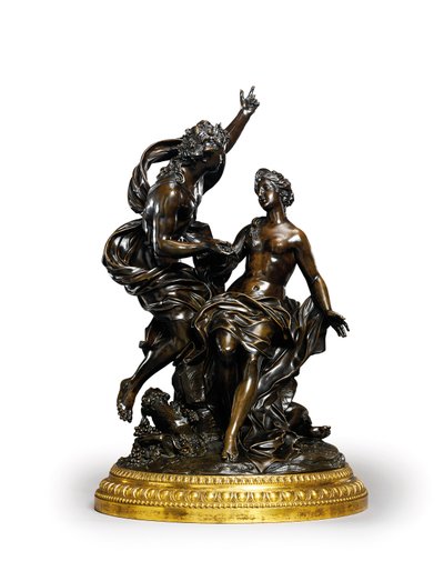 En Louis XIV bronsegruppe som representerer Bacchus og Ariadne, ca. 1704 (bronse med forgylt base) av Corneille van Cleve