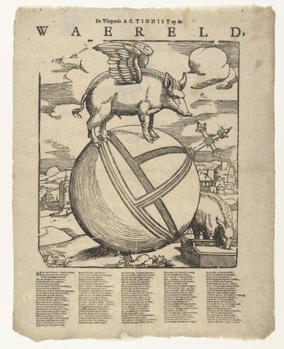 Den bevingede grisen i verden The Flying Actionist on the weareld (tittel på objekt) av Cornelis Anthonisz.