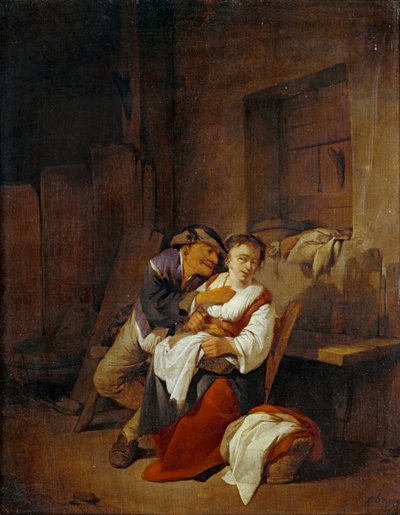 Gammel mann erter en ung kvinne i et interiør... av Cornelis Bega