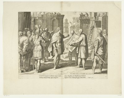Karel V laat een klooster bouwen, 1555, nr. 8 Scener uit het leven van Karel V (serietittel) Livet til keiser Charles V. i meget vakre dyptrykk, inngravert på designene til den berømte A. Tempeste, av to av de mest dyktige mestere J. de Gein & av Cornelis Boel