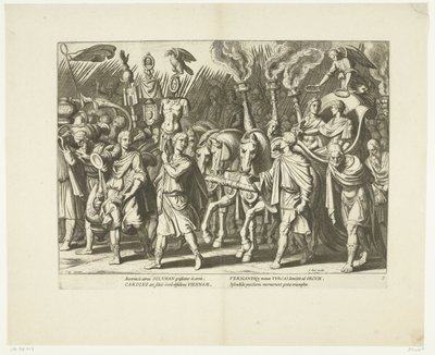 Triomfwagen van Karel V og Ferdinand, na de bevrijding van Wenen van de Turken, ca. 1532, nr. 7 Scènes uit het leven van Karel V (serietittel) Livet til keiser Charles V. i svært vakre dyptrykk, inngravert på designene til den berømte A. Tempest av Cornelis Boel