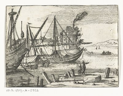 Havneutsikt med to seilskuter og en galjon, to menn som står på kaia Landscapes and Marines (serietittel) av Cornelis Bol (attributed to)