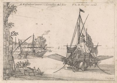 Galei forankret i en bukt Harbour Views (serietittel) av Cornelis Bol