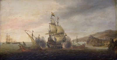 Sjøslag mellom nederlandske krigsmenn og spanske galeyer av Cornelis Bol