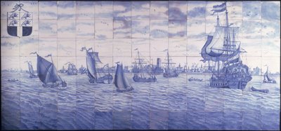 En panoramautsikt over havnen i Rotterdam, ca. 1700 (keramikk) av Cornelis Boumeester