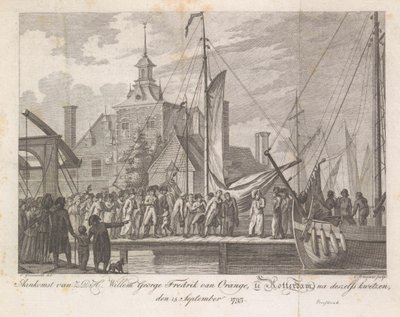 Ankomst av den sårede prins Willem George Frederik i Rotterdam, 1793 Ankomst av HSH Willem George Fredrik van Oranje, til Rotterdam, etter hans såring, 15. september 1793 (tittel på objekt) av Cornelis Brouwer