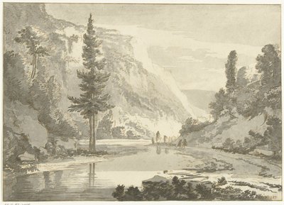 Fjelllandskap med gjetere på en elvebredd av Cornelis Brouwer