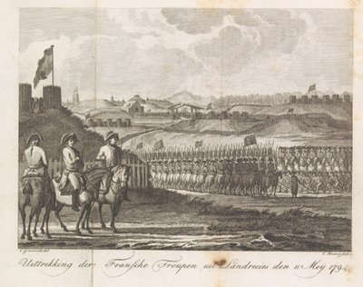 Franske tropper forlater Landrecy, 1794 Utvinning av den franske troppen fra Landrecies den 11. mai 1794 (tittel på objekt) av Cornelis Brouwer