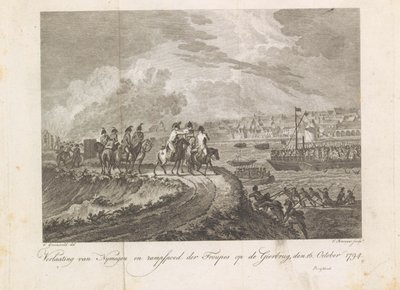Fransk beskyter de flyktende troppene på Gierbrug, 1794 Forlatelse av Nymegen og Troupes Disaster on Vulture Bridge, 16. oktober 1794 (tittel på objekt) av Cornelis Brouwer