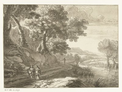 Italiensk landskap med tre vandrere av Cornelis Brouwer