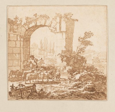 Geiterflokk ved en port av Cornelis Brouwer