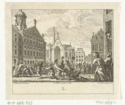 Opprør ved begravelsen til Daniël Raap på Dam-plassen i Amsterdam i 1754 av Cornelis Brouwer