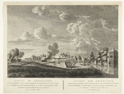 Preussiske tropper angriper Amstelveen, som forsvares av Amsterdam-bueskyttere 1. oktober 1787 Angrep på Amstelveen ... den 1. oktober 1787 (tittel på objekt) Attaque sur Amstelveen ... le 1er. oktober 1787 (tittel på objekt) av Cornelis Brouwer